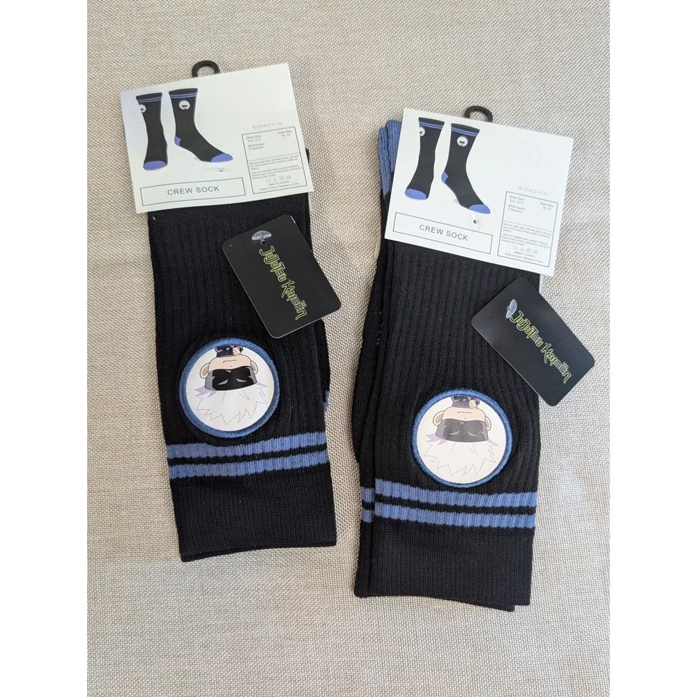 2 pairs Bioworld Jujutsu Kaisen Crew Socks Mens OSFM NWT Satoru Gojo Chibi Patch